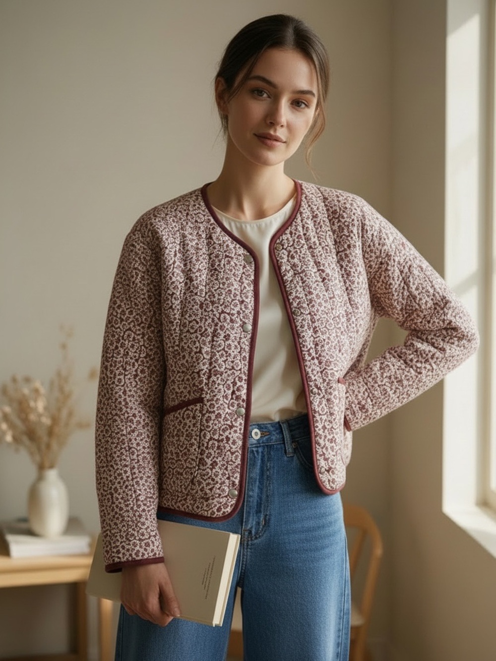 Tahari quilted maroon casual jacket size small grammacore normcore cottagecore